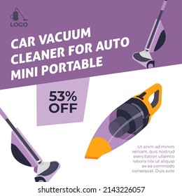 Portable mini car vacuum cleaner for automobile, care and cleanliness in vehicle transport. Reduction off price, sale and discounts of gadgets and appliances for home banner. Vector in flat style