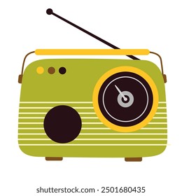 Tragbarer Mini-Vinyl-Plattenspieler mit Griff. Altes analoges Retro-Gerät zum Abspielen von Rillenscheiben. Technologie der 50er. Audio-Ausrüstung für die Mitte des Jahrhunderts. Flache Vektorgrafik einzeln auf weißem Hintergrund