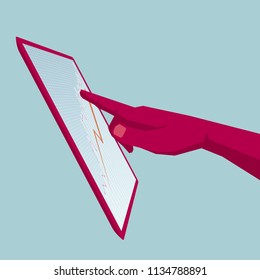   Portable mobile device, finger touch tablet. The background is blue.