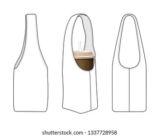 Portable mug carry bag, one cup beverage packaging bag, vector illustration sketch template