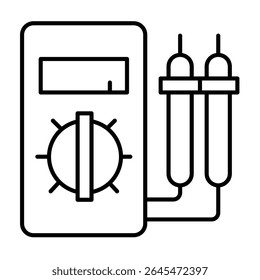 Tragbares Multimeter mit Bleistifttester-Dünnlinien-Symbol, Elektriker-Service-Konzept. Vektorgrafiken. Messinstrumentenschild auf weißem Hintergrund, Stil mobil oder Design