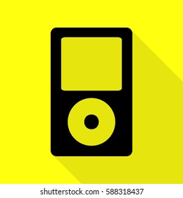 Portable music device. Black icon with flat style shadow path on yellow background.