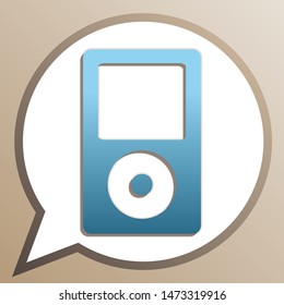 Portable music device. Bright cerulean icon in white speech balloon at pale taupe background. Illustration.