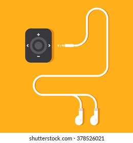 Portable music device on yellow background. Modern mp3 player with earphones. Vector flat illustration.