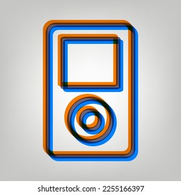 Portable music device. Stroked Icon in orange, azure and old lavender Colors at gray Background. Illustration.