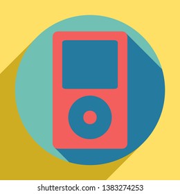 Portable music device. Sunset orange icon with llapis lazuli shadow inside medium aquamarine circle with different goldenrod shadow at royal yellow background.