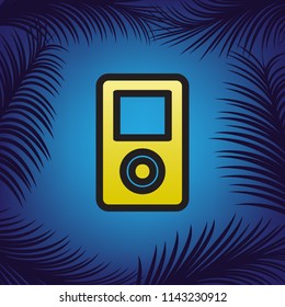 Portable music device. Vector. Golden icon with black contour at blue background with branches of palm trees.