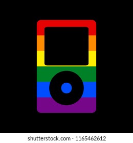 Portable music device. Vector. Icon with colors of LGBT flag at black background.