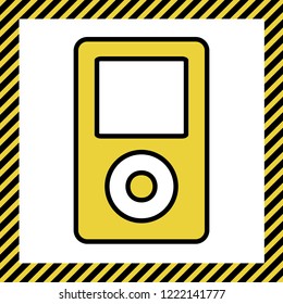 Portable music device. Vector. Warm yellow icon with black contour in frame named as under construction at white background. Isolated.