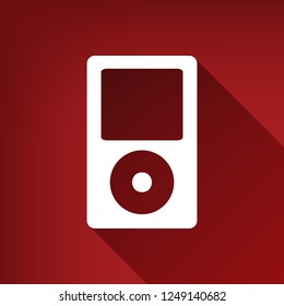 Portable music device. Vector. White icon with limitless shadow at ruby red background.