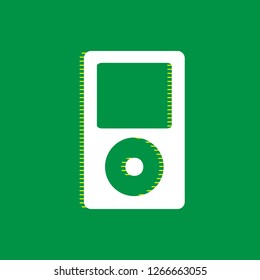 Portable music device. Vector. White flat icon with yellow striped shadow at green background.