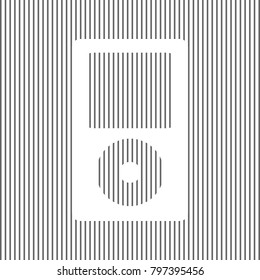 Portable music device. Vector. White icon on grayish striped background. Optical illusion.