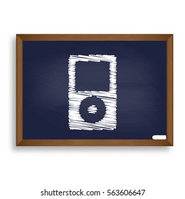 Portable music device. White chalk icon on blue school board with shadow as background. Isolated.