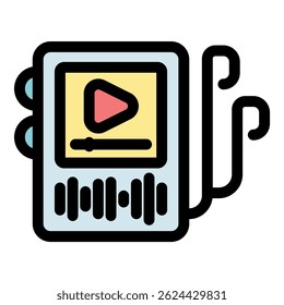 Portable music player showing play button, progress bar, and soundwave visualization, representing audio playback