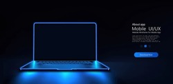 A Portable Neon Computer With A Blank Screen And A Desk In A Dark Room With Blue Lighting. Technological Background With A Laptop. Vector Illustration