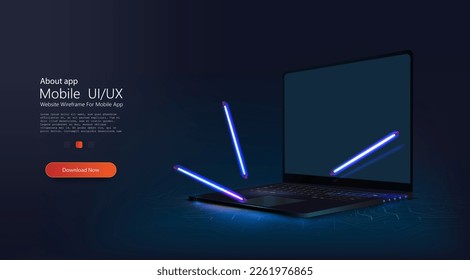 A portable neon computer with a blank screen and a desk in a dark room with blue lighting. Technological background with a laptop. Vector illustration