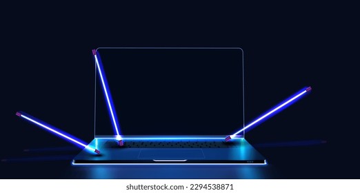 A portable neon computer with a blank screen and a desk in a dark room with blue lighting. Technological background with a laptop. Mockup new device, blue neon laptop . Vector illustration