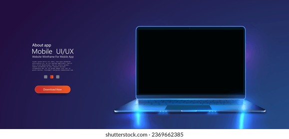 A portable neon computer with a blank screen and a desk in a dark room with blue lighting. Technological background with a laptop. Laptop with blank screen isolated on dark background. Vector