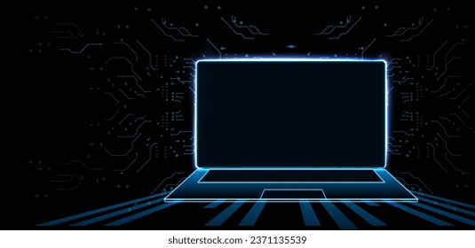 Un neón portátil con pantalla en blanco y un escritorio en una habitación oscura con iluminación azul. Ilustración vectorial Fondo tecnológico con portátil. 