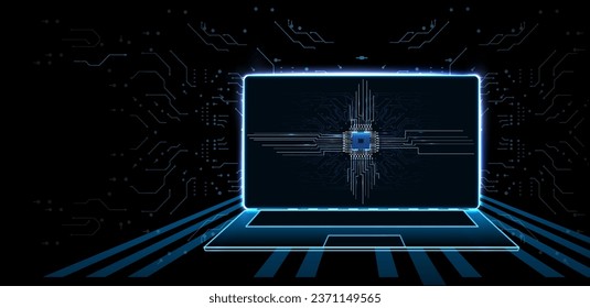 Portable neon computer with a blank screen and a desk in a dark room with blue lighting. Vector illustration Technological background with a laptop.