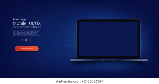 A portable neon computer with a blank screen and a desk in a dark room with blue lighting. Technological background with a laptop. Vector illustration