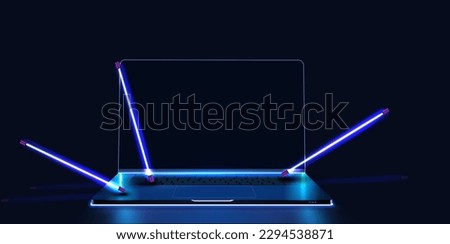 A portable neon computer with a blank screen and a desk in a dark room with blue lighting. Technological background with a laptop. Mockup new device, blue neon laptop . Vector illustration