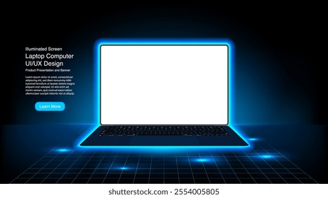 Portable Neon and Glowing Laptop Computer on Digital Grid: High-Tech UI or UX Design in Dark Room with Blue Lighting - Banner and Background Vector