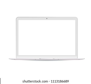 Portable notebook computer with white lcd screen. Realistic vector Laptop pc mockup illustration. High quality modern design.