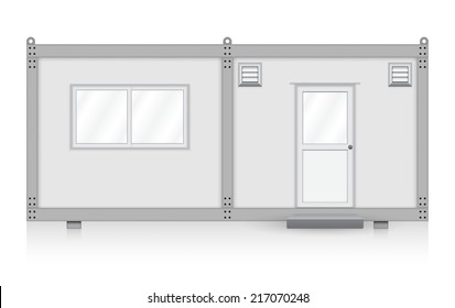 Portable Office Container Or Prefabricated Modular Building Vector Design. That Mobile Workspace Or Temporary Work Area For Construction Site. Consist Of Metal Box, Door, Window And Ventilation Fan.