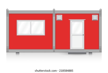 Portable office container or prefabricated modular building vector design. That mobile workspace or temporary work area for construction site. Consist of metal box, door, window and ventilation fan.