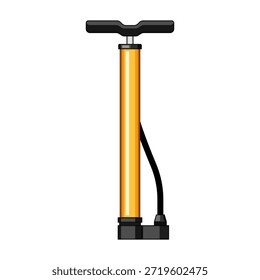 Portable orange and black hand pump with hose, handle and base for inflating bicycle tires and other inflatables, compact, mechanical device for outdoor and repair use