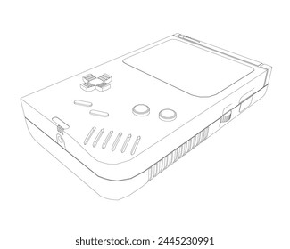 A portable outline game console in vector on a white background. Vector illustration of the handheld game console. Isometric view. 3D.