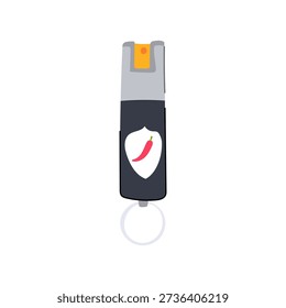 Portable pepper spray canister with shield icon and hot chili pepper motif, symbolizing personal safety, non lethal self defense, protection, and crime prevention accessory