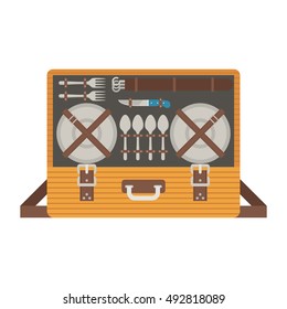 Portable picnic bag hamper vector illustration. Opened picnic case with dishware and flatware.