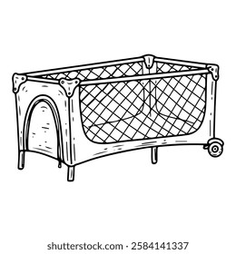 Portable playpen for baby. Hand drawn doodle. Bed for playing and sleeping of a small child. Children's cot. Childhood. Vector line art illustration.