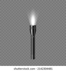 Portable pocket flashlight device realistic isolated on transparent background. Electric handy highlight for camping night searching lamp. 3d vector illustration