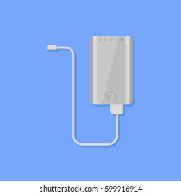 Portable power bank with cable isolated on blue background. Flat style icon. Vector illustration.
