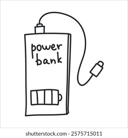 Portable power bank with USB cable and battery indicator doodle. External charger for mobile devices, smartphones. Hand-drawn line art illustration for tech, gadget, and energy-saving designs.