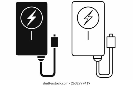 Banco de energia portátil vetor ícone conjunto mostrando carregando baterias pacotes com cabo, contorno e silhueta estilos. Uso para energia, carregamento do dispositivo.
