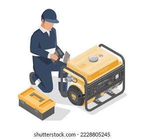 portable power generators maintenance home service delivery engine motor isometric for industry and construction equipment yellow in white isolated