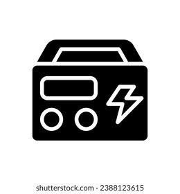 Portable power station black glyph icon. Rechargeable device. Battery powered generator. Appliance for home and camping. Silhouette symbol on white space. Solid pictogram. Vector isolated illustration