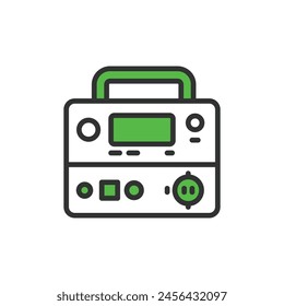 Portable power station, in line design, green. Portable power station, Battery pack, Charging, Mobile power, generator on white background vector. Portable power station editable stroke icon.