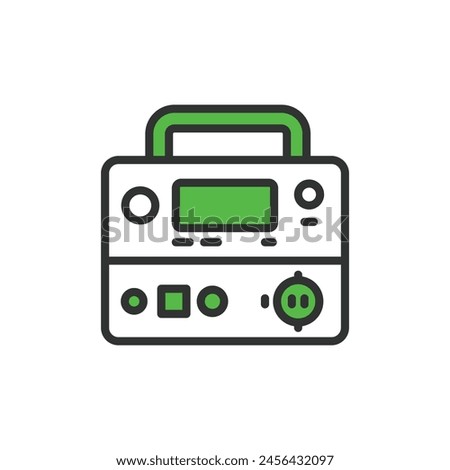 Portable power station, in line design, green. Portable power station, Battery pack, Charging, Mobile power, generator on white background vector. Portable power station editable stroke icon.