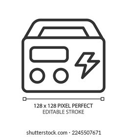 Portable power station pixel perfect linear icon. Rechargeable device. Battery generator. Appliance for home, camping. Thin line illustration. Contour symbol. Vector outline drawing. Editable stroke
