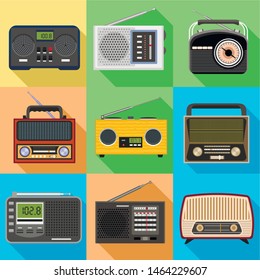 Portable radio icon set. Flat set of 9 portable radio vector icons for web design isolated on white background