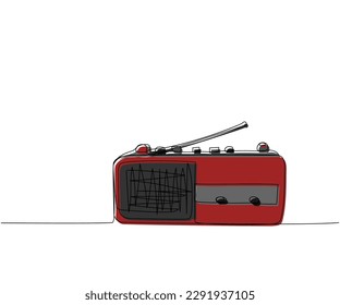 Portable radio player, tape recorder one line color art. Continuous line drawing of receiver, radio, broadcast, listen, antenna, wireless, fm, audio, portable, vintage, retro, record, mp3, 80s, 90s