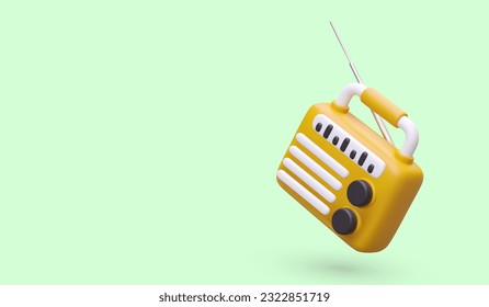 Portable radio receiver on green background. Wireless equipment for listening to music in camp. Fun leisure time with songs. Banner with place for advertising text, offer, announcement