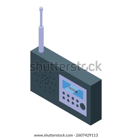 Portable radio receiver transmitting audio waves, modern tuner icon, isometric style