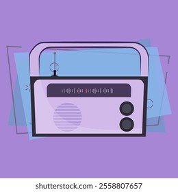 Portable radio set. Violet retro receiver with handle, volume control and speaker. Vector illustration can be used for topics like broadcasting, fm channel, music listening