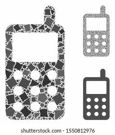 Portable radio transmitter mosaic of raggy pieces in various sizes and color tinges, based on portable radio transmitter icon. Vector irregular pieces are combined into collage.